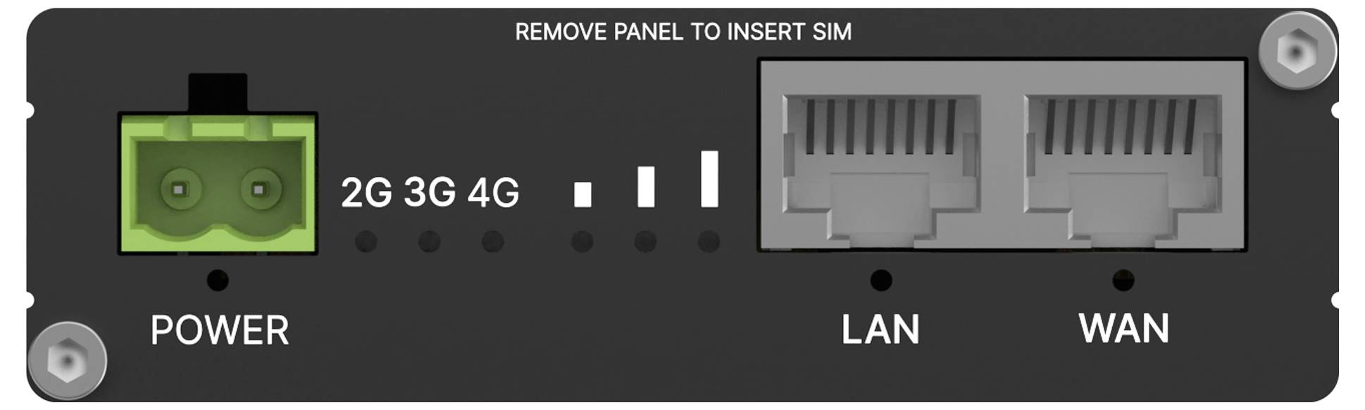 Een apparaatpaneel met indicatoren voor voeding en netwerkstatus: 2G, 3G, 4G. Poorten gemerkt als LAN en WAN voor connectiviteit.