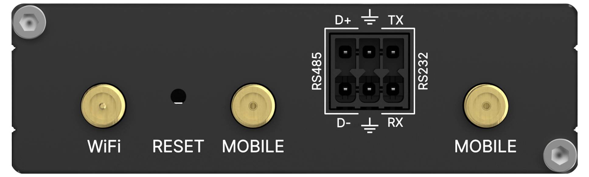 Een zwart paneel met gouden connectoren gemerkt als 'WiFi' en 'MOBIEL', een resetknop, en poorten voor RS485 en RS232 communicatie.