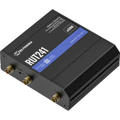Een compacte zwarte Teltonika RUT241-router met het label 'RUT241', drie antenne-aansluitingen en een serienummer.