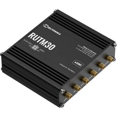 'Teltonika RUTM30' zwarte industriële netwerkrouter met meerdere verbindingspoorten en eSIM, met merkdetails op de bovenkant.