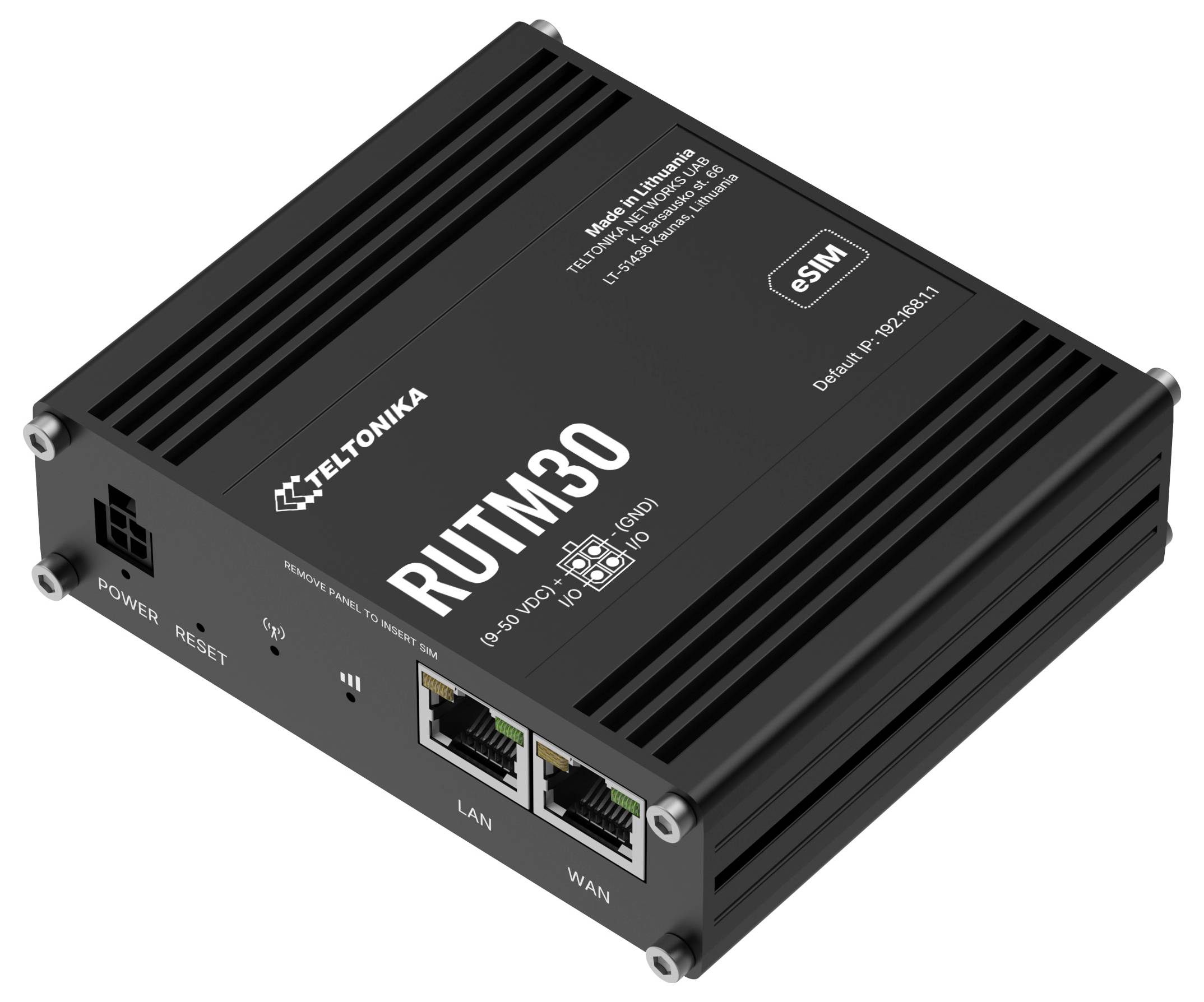 'Een Teltonika RUTM30 industriële router met LAN- en WAN-poorten, voedings- en resetknoppen, geschikt voor beveiligde internetconnectiviteitsoplossingen."