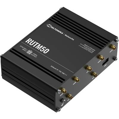 'Een zwarte Teltonika Networks RUTM50 router met meerdere verbindingspoorten, ontworpen voor hoogsnelle, betrouwbare netwerkcommunicatie.'