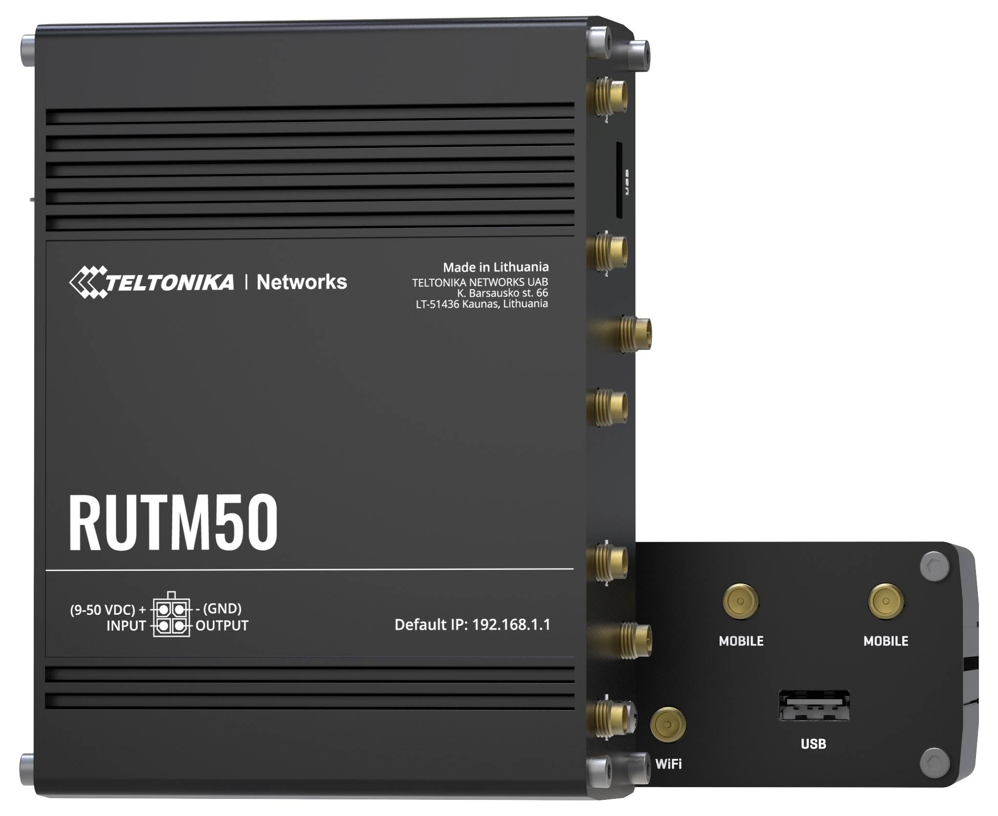 Een zwarte Teltonika RUTM50 netwerkapparaat, gelabeld als 'Made in Lithuania', met verschillende poorten voor mobiele, WiFi- en USB-verbindingen.