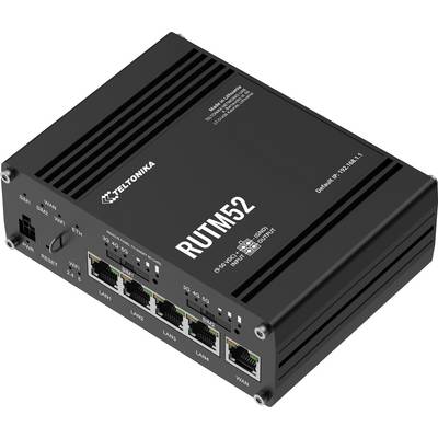Een zwarte netwerk router met vier LAN-poorten, één WAN-poort en een SIM-kaartsleuf, gelabeld als 'Teltonika RUTM52.'
