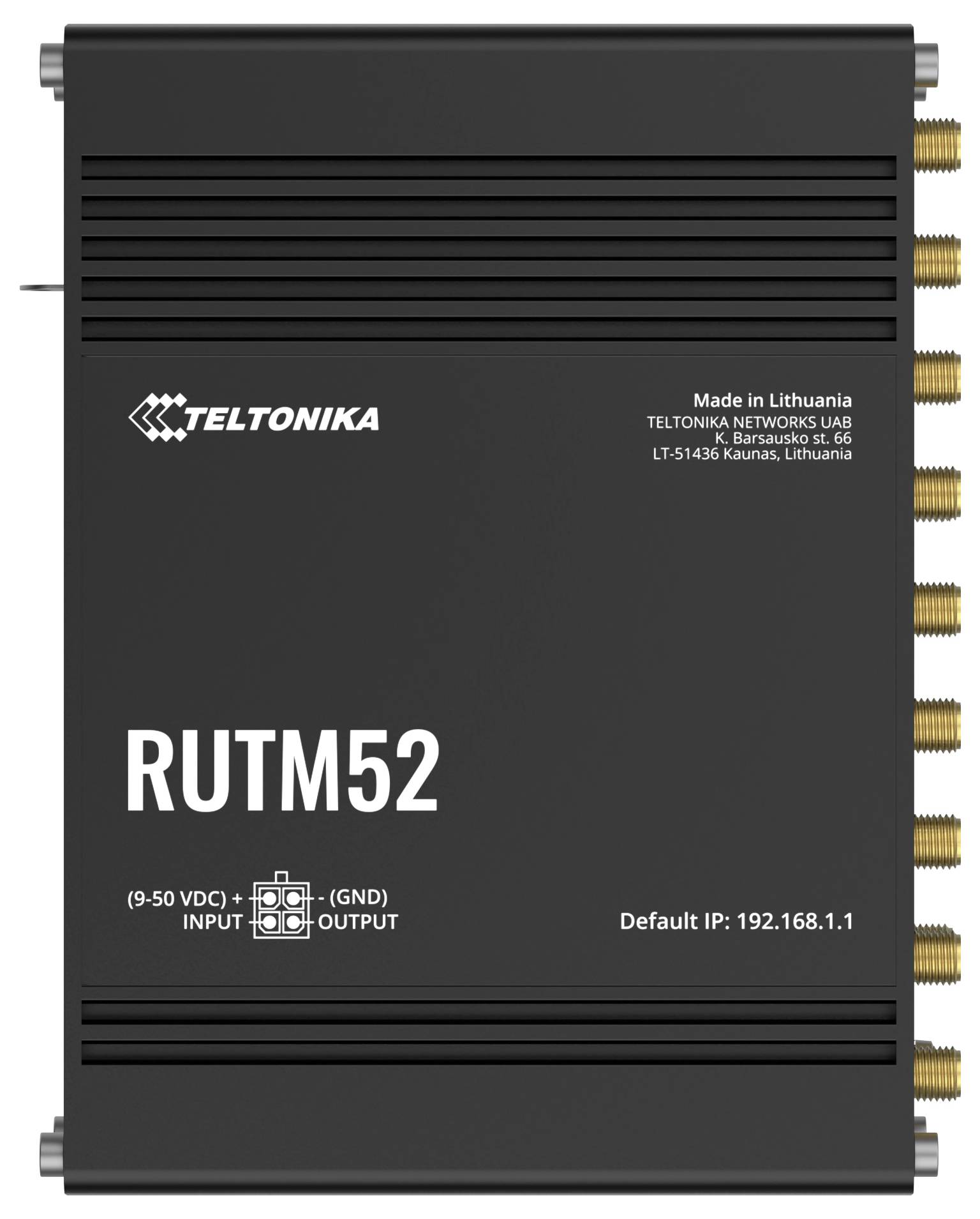 'Teltonika RUTM52' modem, zwarte behuizing, meerdere antenne-poorten aan de zijkanten; standaard IP '192.168.1.1', gemaakt in Litouwen door Teltonika Networks UAB.