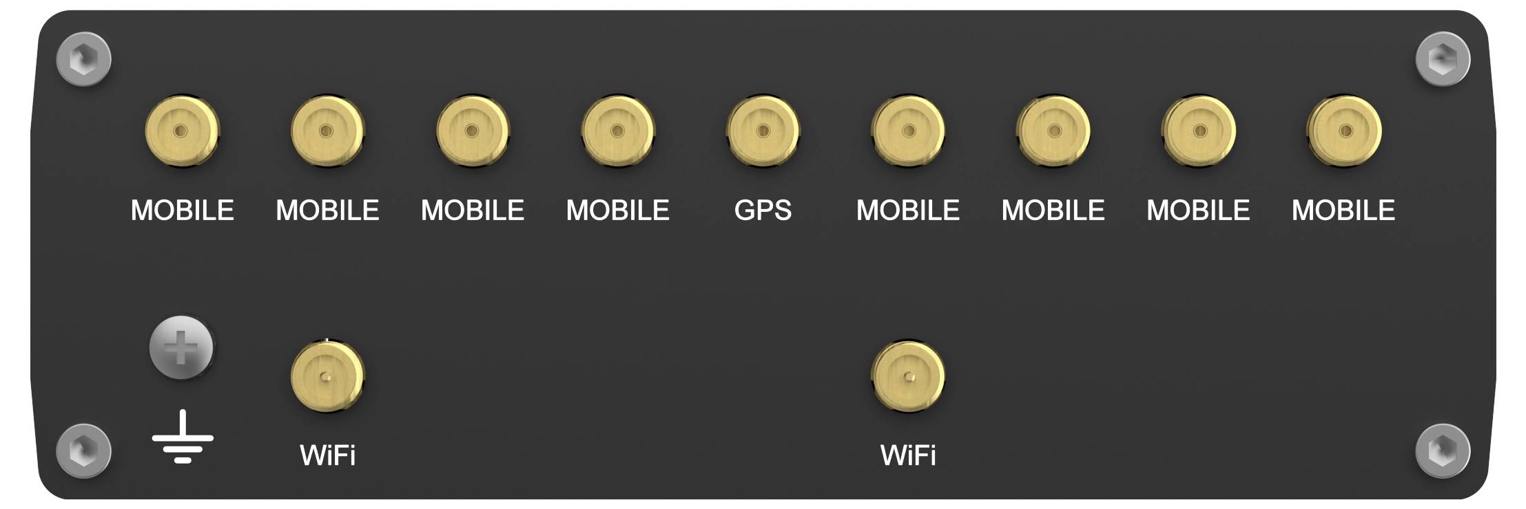 Zwart rechthoekig paneel met negen gouden aansluitingen gemerkt als 'MOBIEL' en één 'GPS' op de bovenste rij, twee 'WIFI' aansluitingen op de onderste rij, waarvan één met een aarding-pictogram.