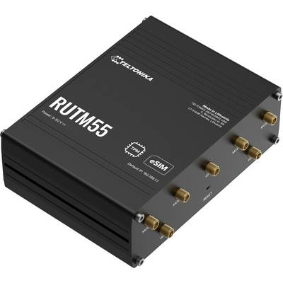 Router RUTM55 van Teltonika, zwart rechthoekig apparaat met gouden en zwarte poorten, gelabeld als LTE Cat 6 met eSIM en dual SIM-ondersteuning.