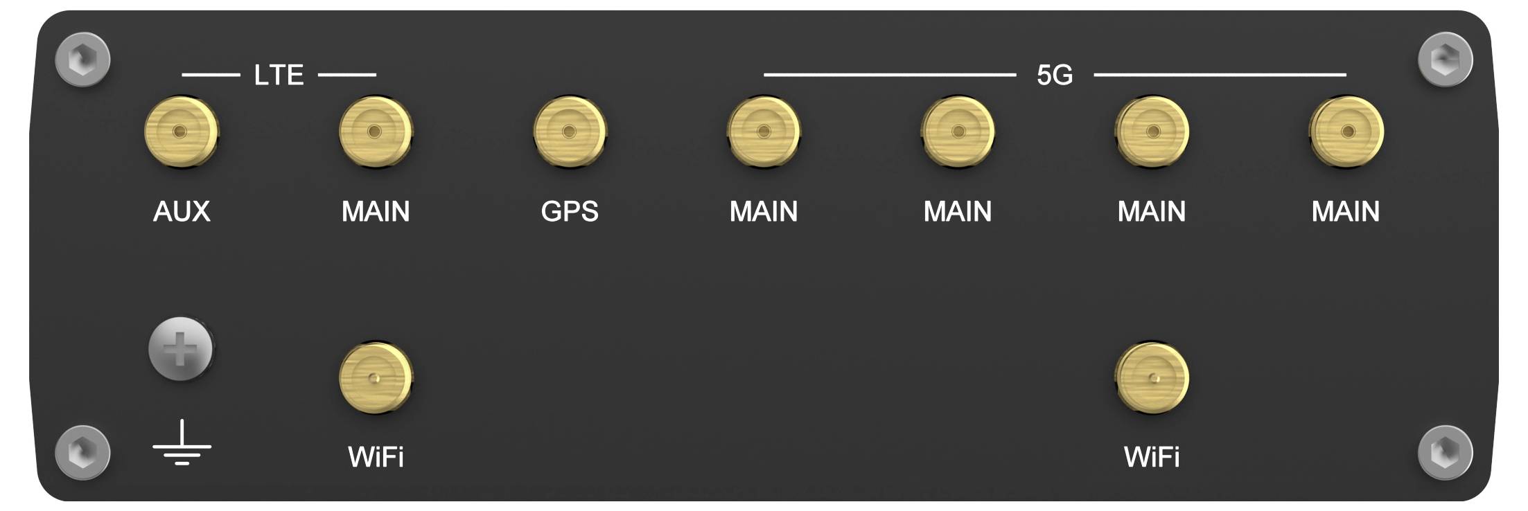 'Zwart paneel met acht gouden aansluitingen gelabeld AUX, MAIN, GPS, MAIN, MAIN, MAIN, MAIN, MAIN, voor LTE en 5G; twee aansluitingen onderaan gelabeld WIFI."