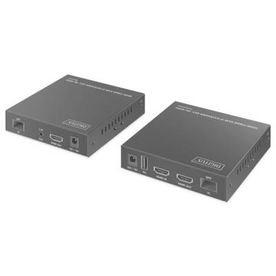 Twee zwarte elektronische apparaten worden getoond. Het ene apparaat heeft HDMI-, USB- en LAN-poorten gemarkeerd als 'Input', en het andere heeft soortgelijke poorten gemarkeerd als 'Output'.