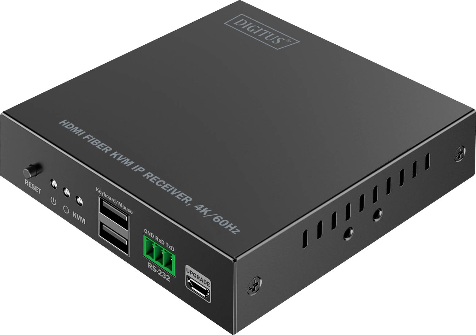 Een zwarte HDMI glasvezel KVM IP ontvanger die 4K 60Hz ondersteunt, met meerdere poorten voor connectiviteit, waaronder USB, RS-232 en een resetknop.
