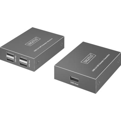 Twee grijze metalen USB-apparaten met het label 'Digitus' en USB-poorten, waarvan er één is gemarkeerd als 'Extender Ontvanger' en de andere als 'Extender Zender'.