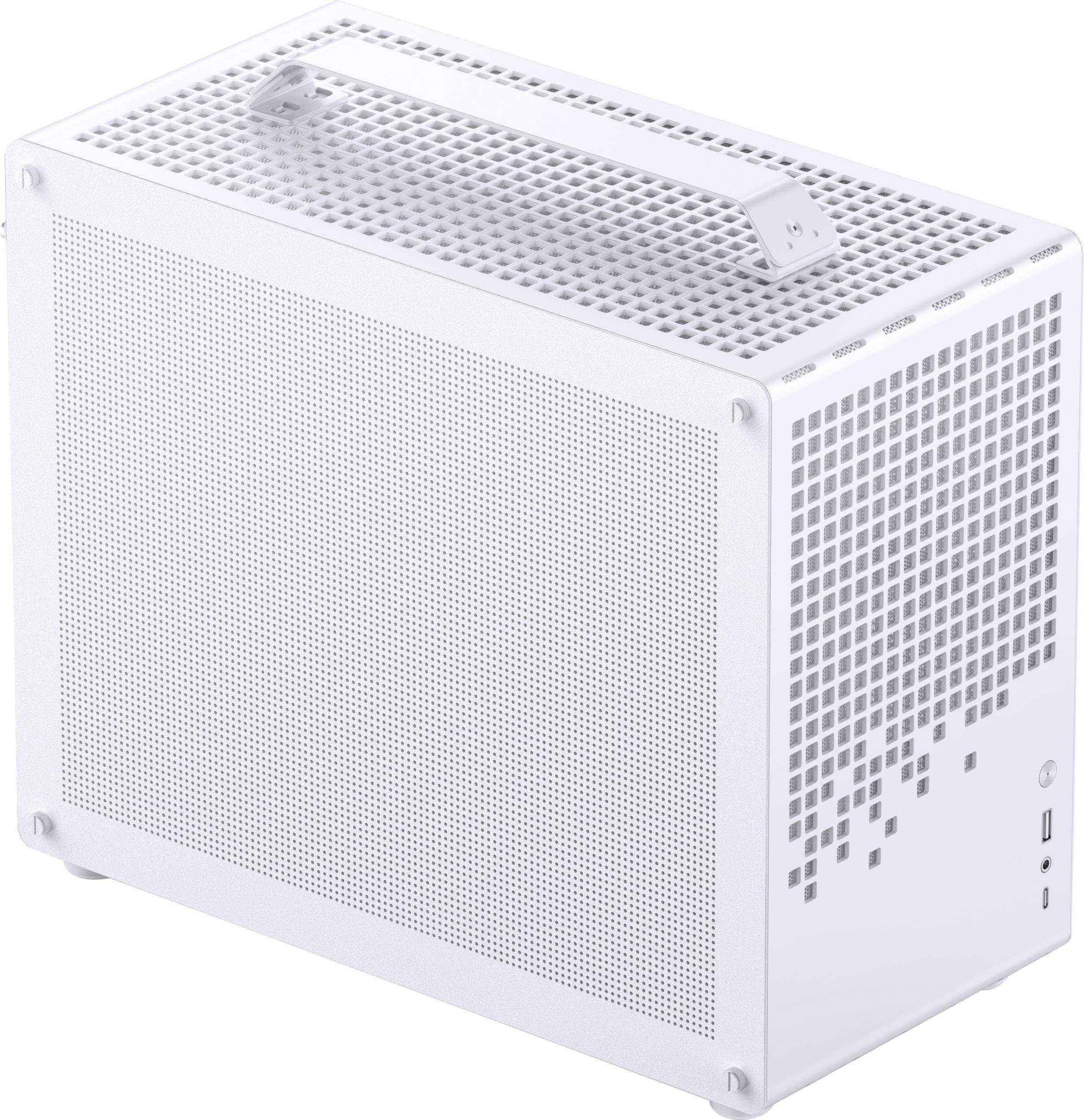 Een kleine, rechthoekige, witte computerbehuizing met een geperforeerd ontwerp voor ventilatie en een handgreep aan de bovenkant.
