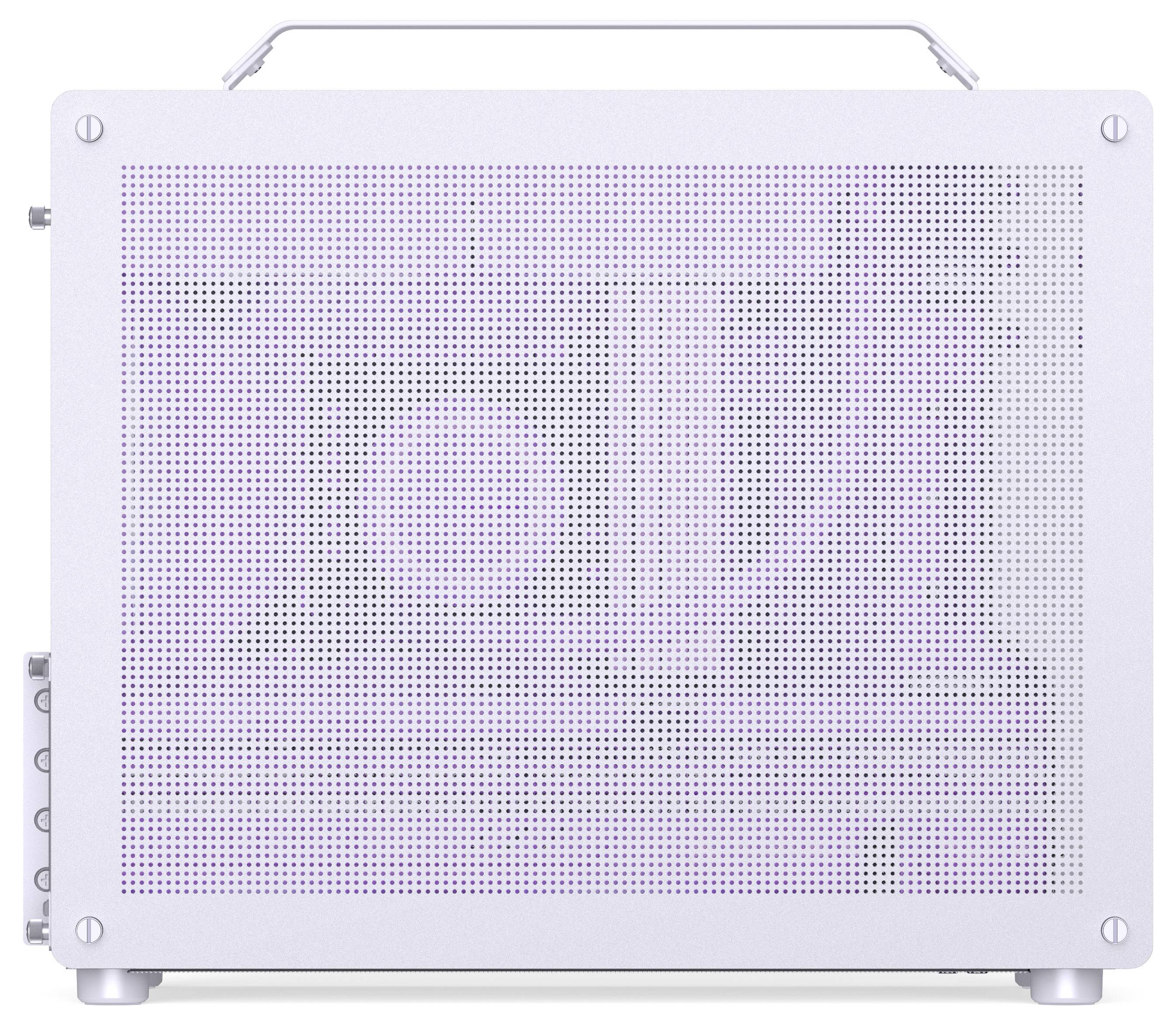 Een witte draagbare speaker met een geperforeerd metalen rooster, een handgreep bovenop en bedieningsknoppen aan de zijkant, ontworpen voor audioweergave.