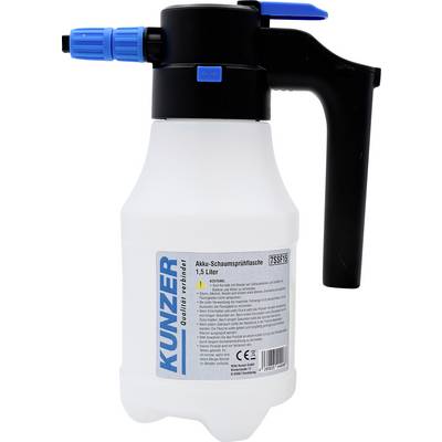 Een witte Kunzer schuimspuitfles met een capaciteit van 1,5 liter, blauwe spuitkop, zwarte handgreep en een etiket met gebruiksinstructies.
