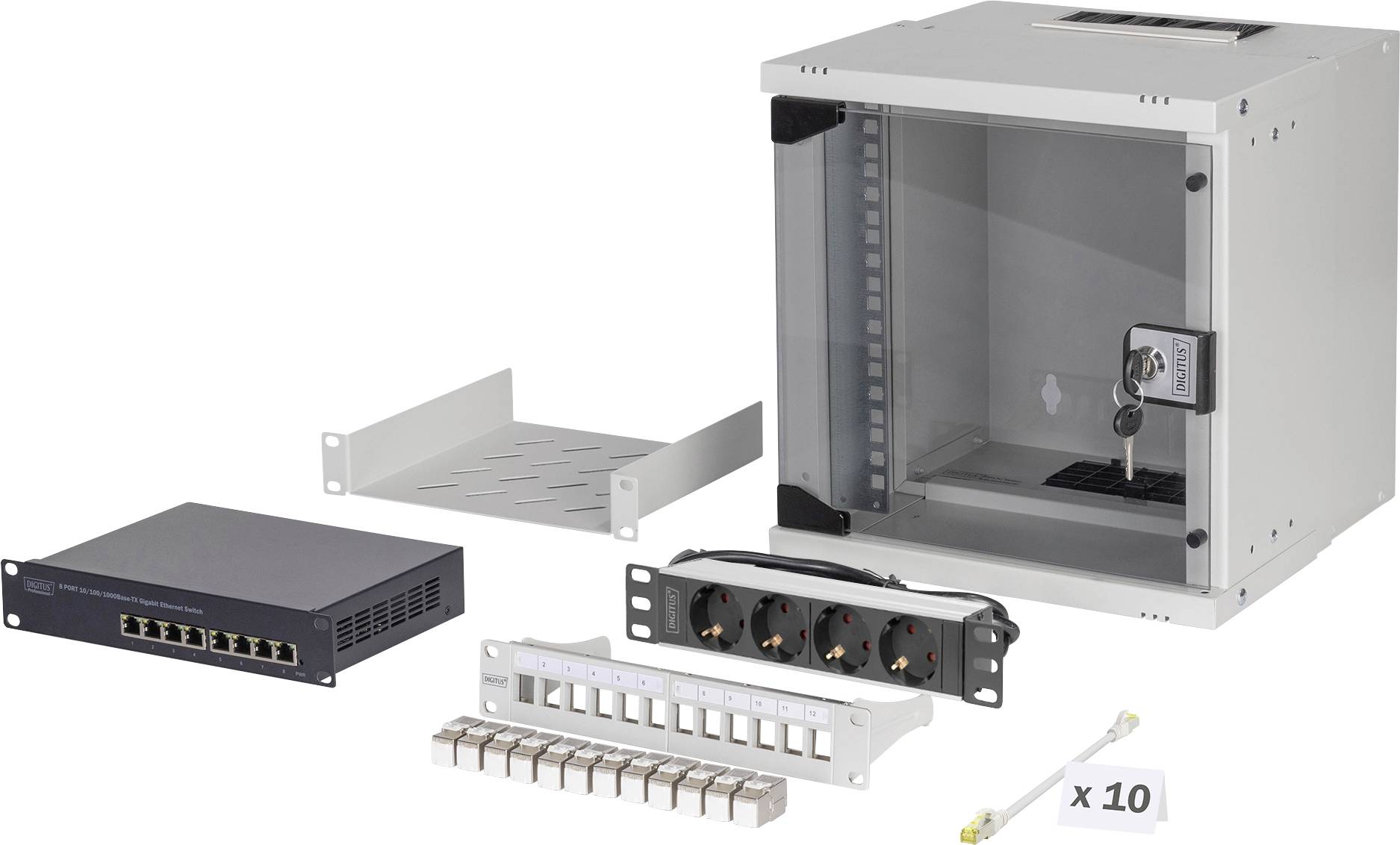 Netwerkkast installatie omvat een afsluitbare kast, Ethernet-switch, montageplateaus, stekkerdoos, patchpaneel en kabelbinders.