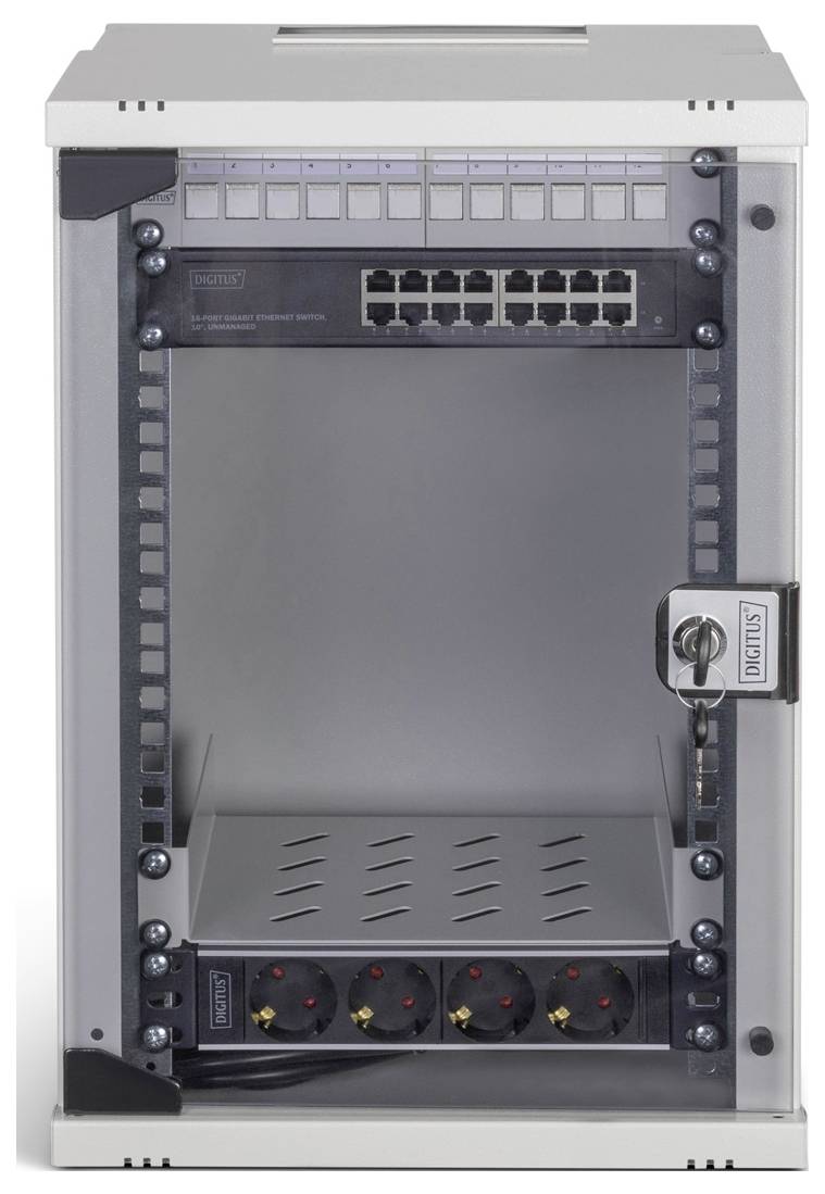 Een kleine witte netwerkkast met 12 Ethernet-poorten, cilinderslot en intern voedingspaneel.