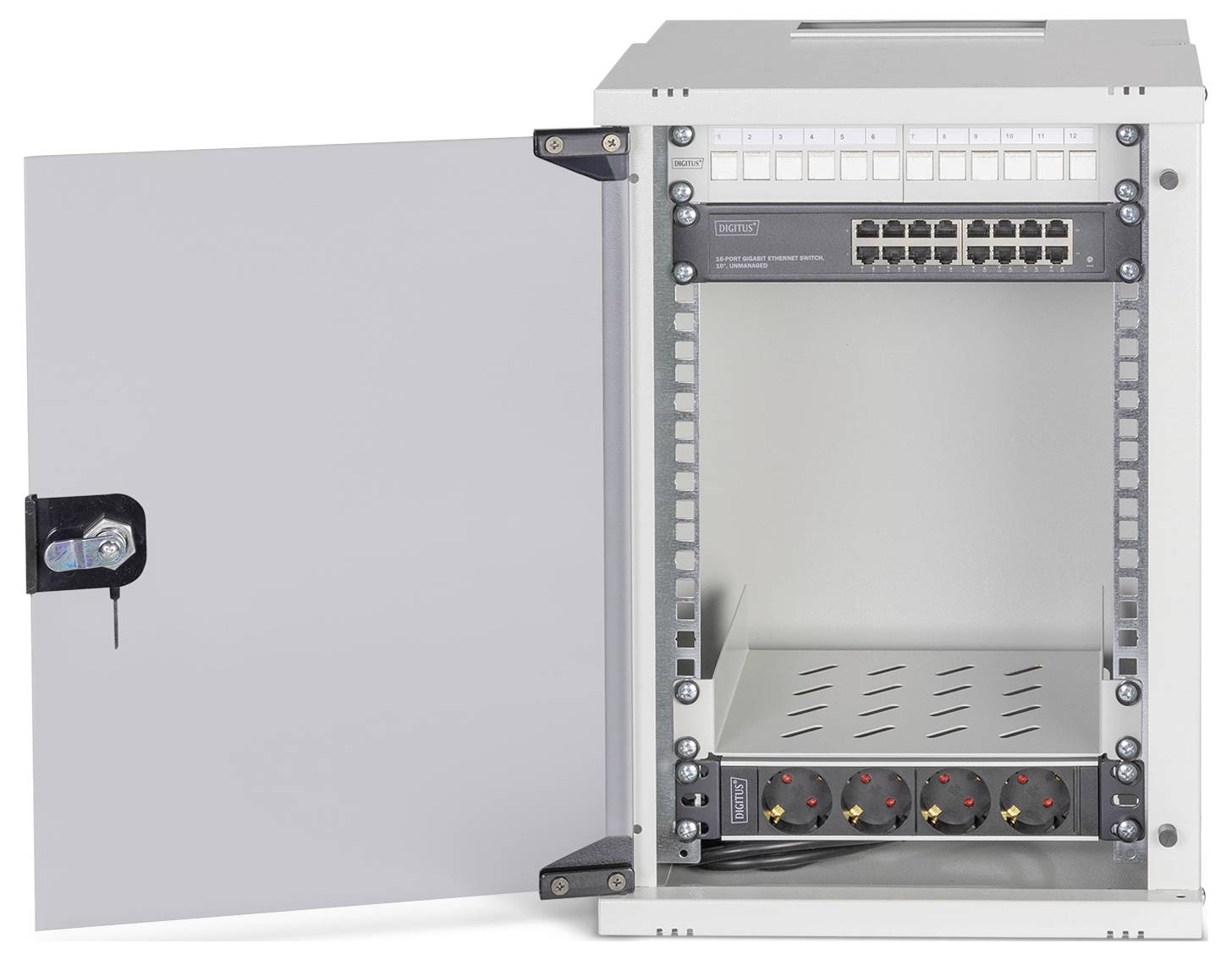 Een grijze, open serverrack met een afsluitbare deur, voorzien van een gemonteerde netwerkswitch en een stroomverdeelunit.