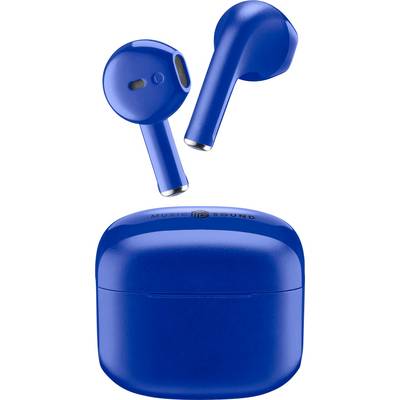 Blauwe draadloze oordopjes met een bijpassende oplaadcase. De bovenkant van de case is voorzien van de tekst 'Music Sound'.