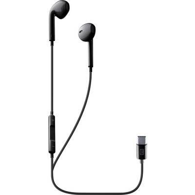 Zwarte bedrade oordopjes met oortelefoonontwerp, voorzien van een inline afstandsbediening en USB-C-aansluiting, geïsoleerd op een witte achtergrond.