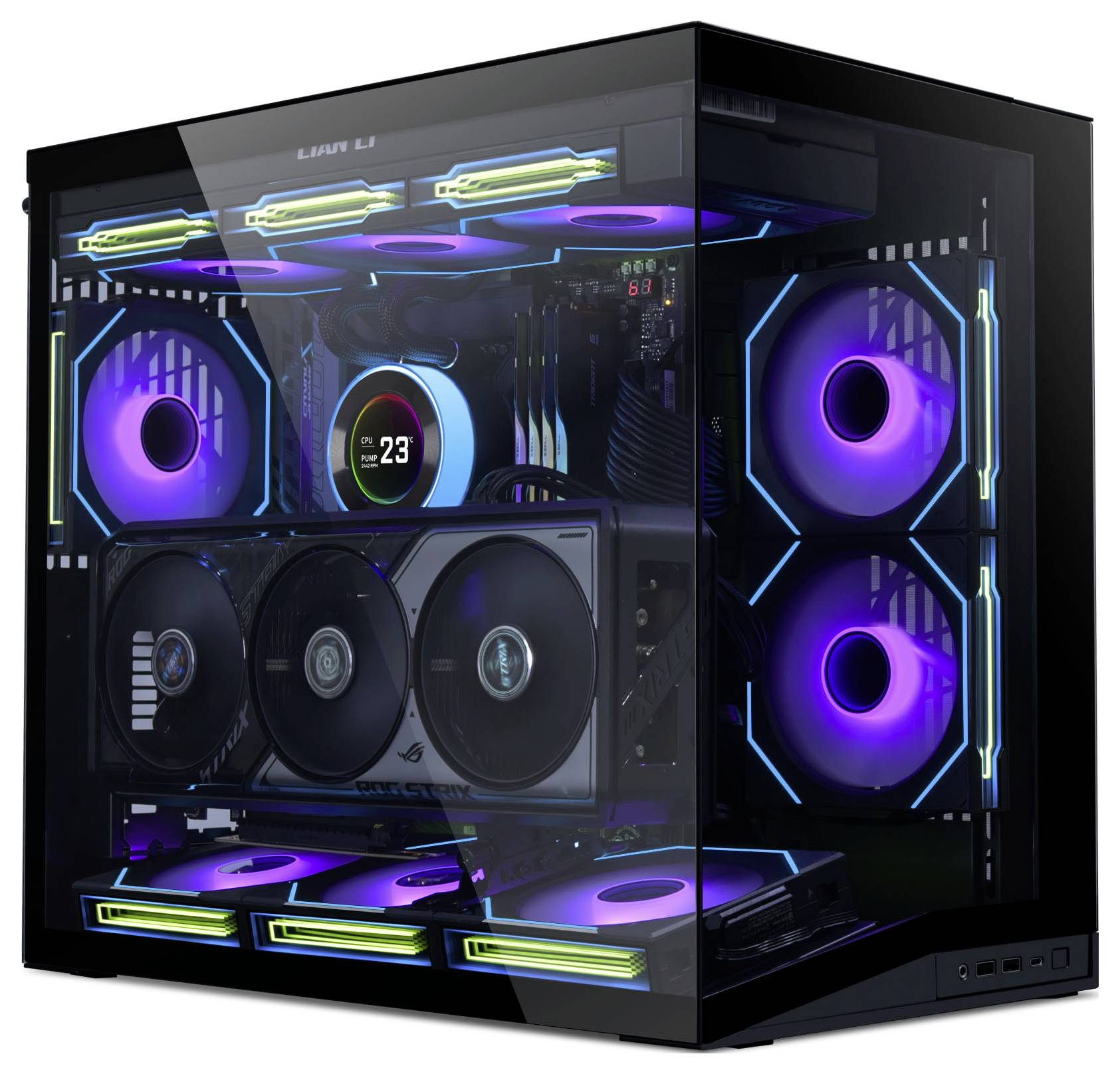 Een high-end gaming-pc met RGB-verlichting, voorzien van meerdere koelventilatoren en een transparante behuizing die de interne componenten tentoonstelt.