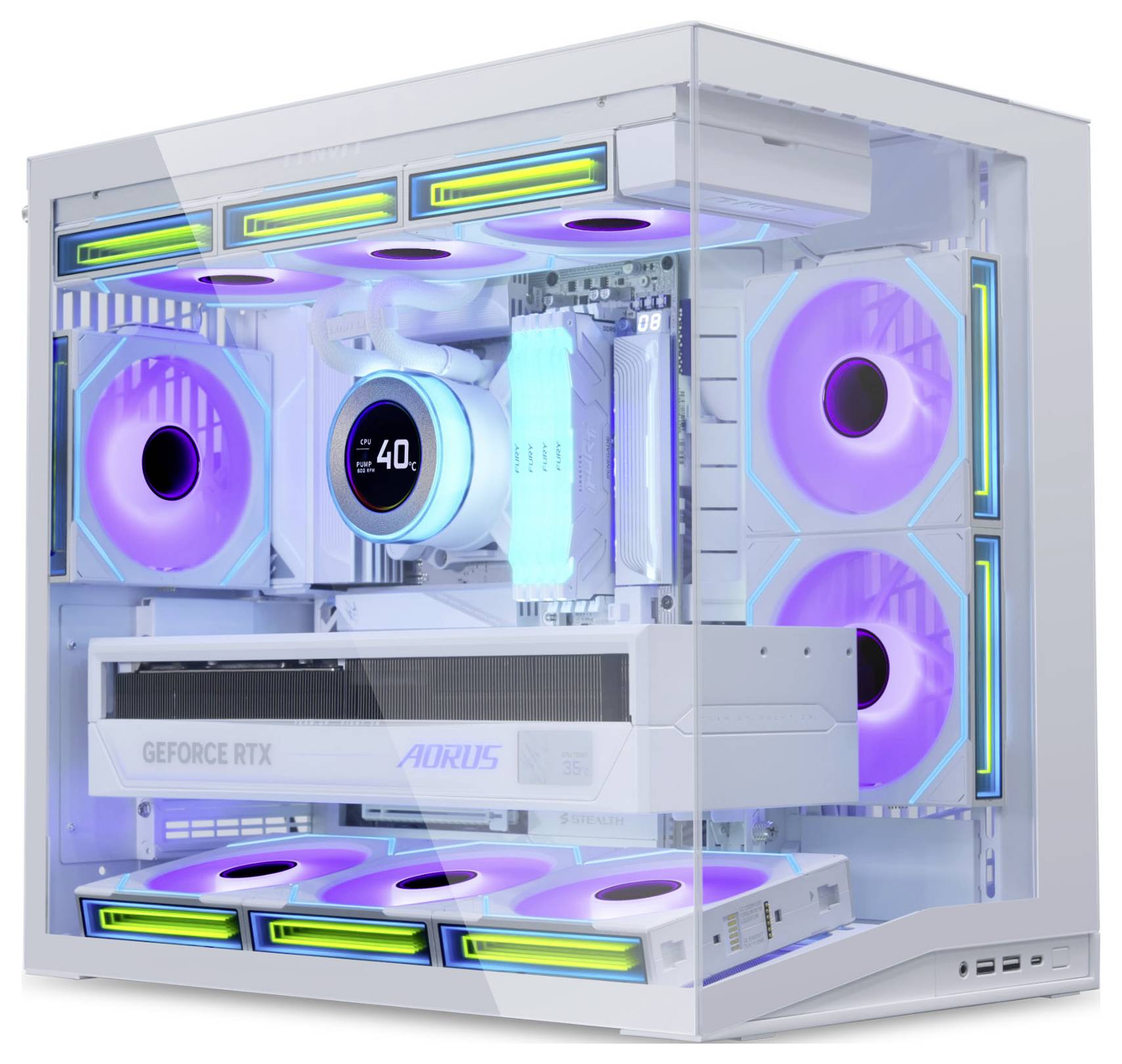 Een op maat gebouwde pc met RGB-verlichting, uitgerust met een witte behuizing en zichtbare componenten waaronder koelventilatoren, een videokaart en een display-paneel.