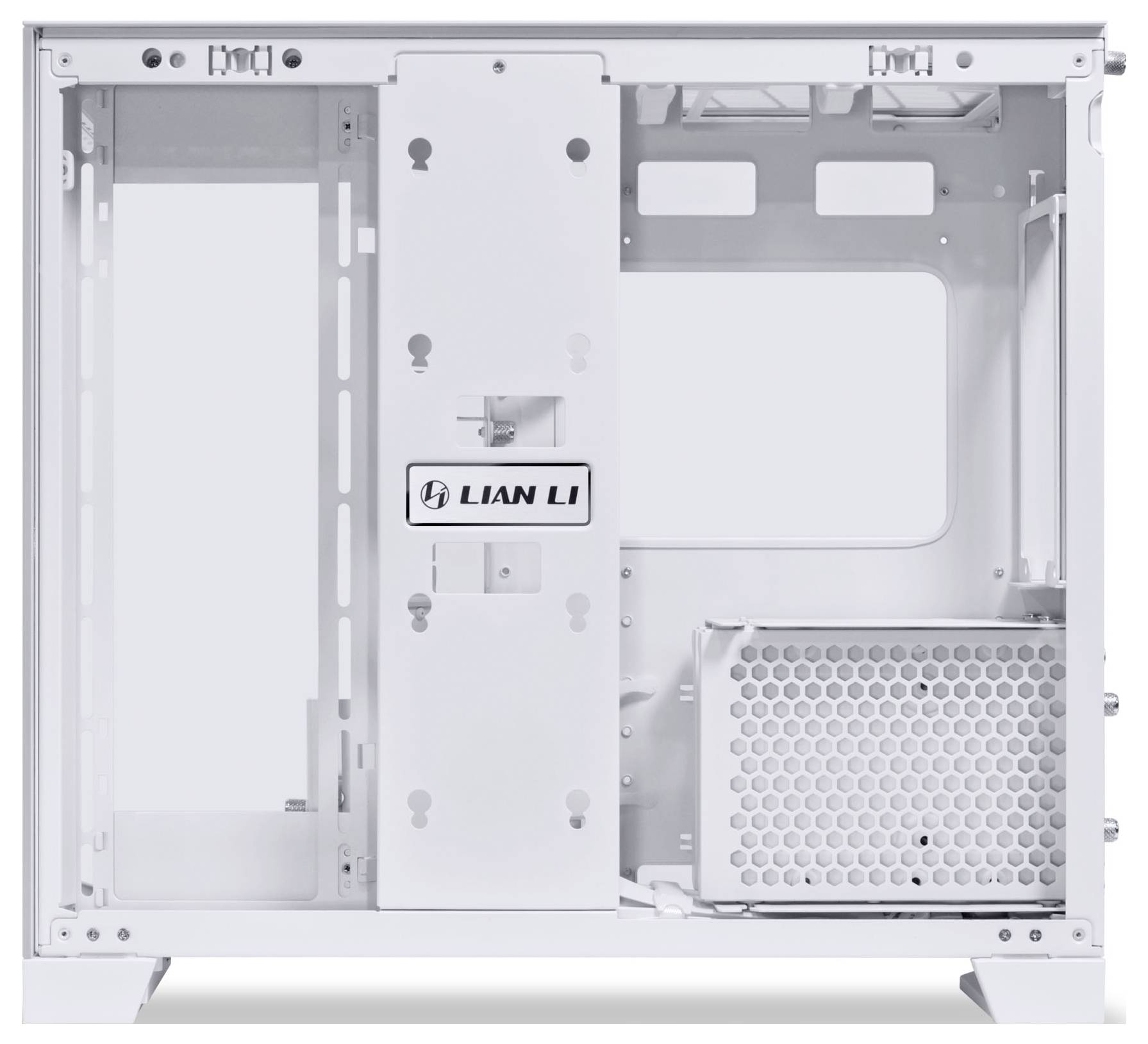 Een witte computerbehuizing van Lian Li, met een open frame-ontwerp met zichtbare drive-bay's en ventilatie-oppervlakken.