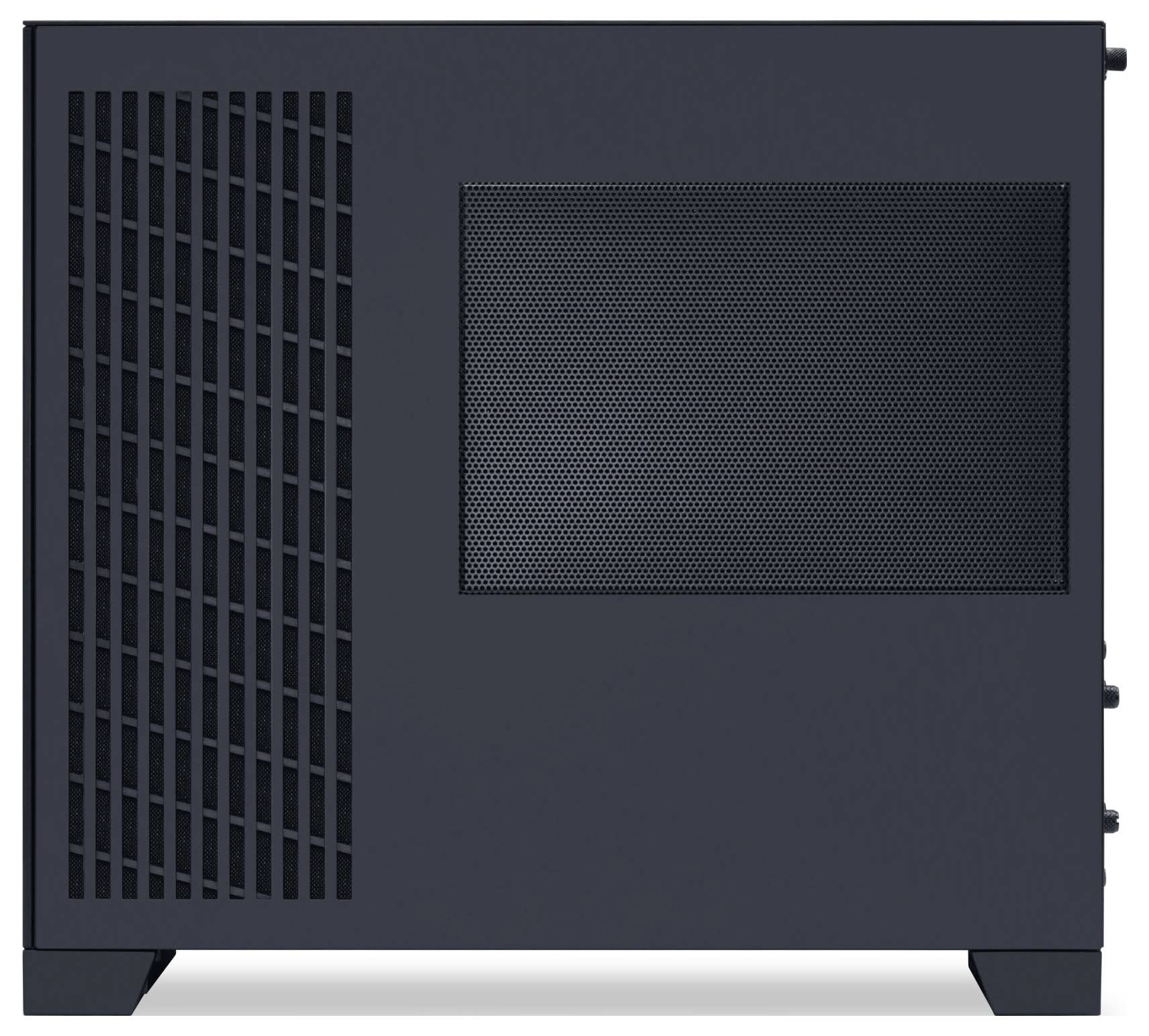 Een zwarte rechthoekige computerbehuizing met ventilatierooster aan de zijkant, geschikt voor compacte desktopopstellingen.