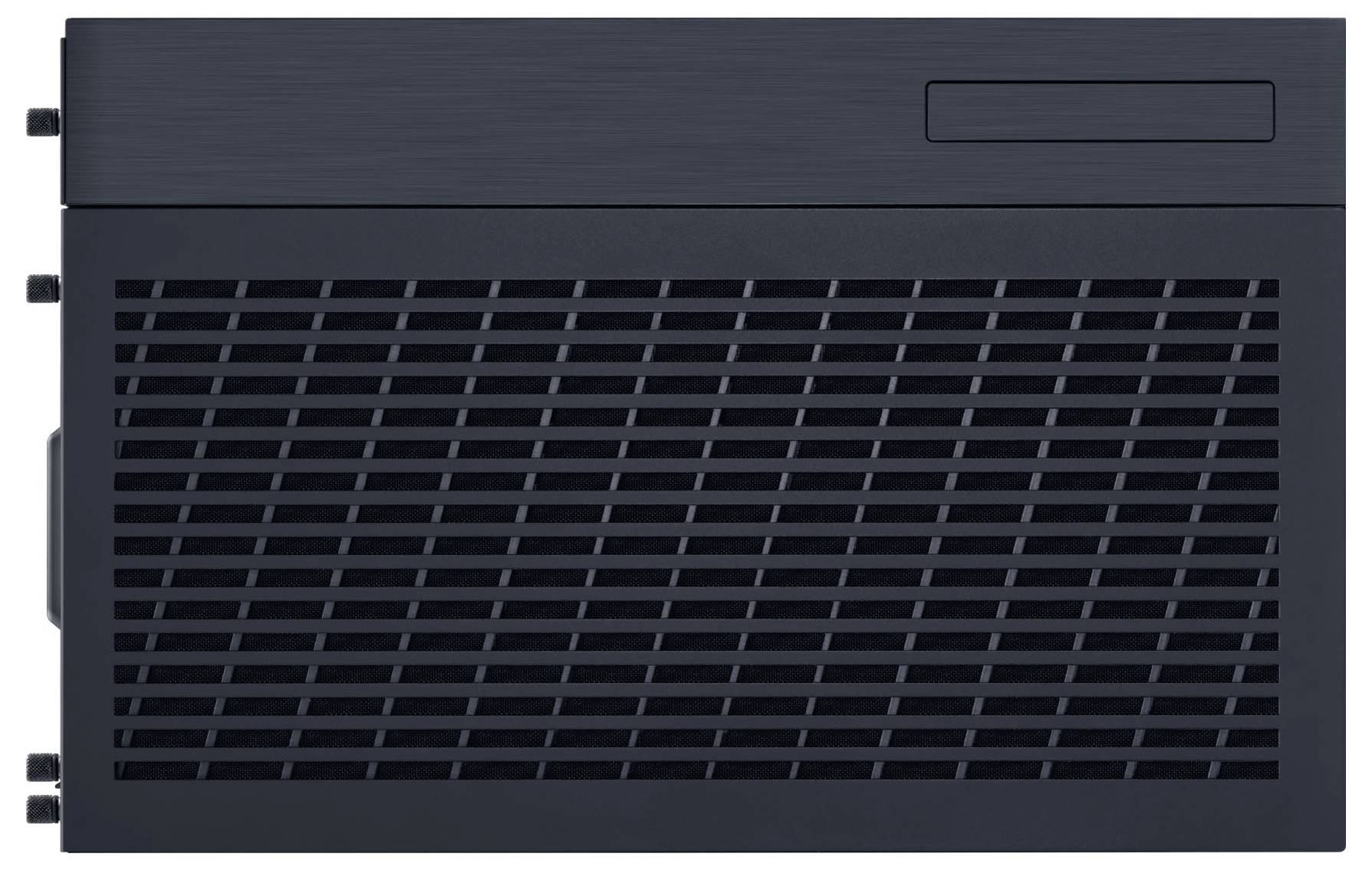 Een zwarte ventilatierooster met horizontale lamellen en een rechthoekig paneel linksboven, mogelijk onderdeel van een apparaat of machine.