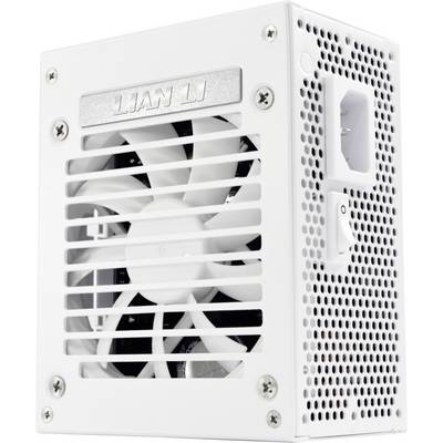 Een witte voeding (PSU) met een ventilator, ventilatieopeningen en een schakelaar, met het merk 'Lian Li' op de bovenkant.