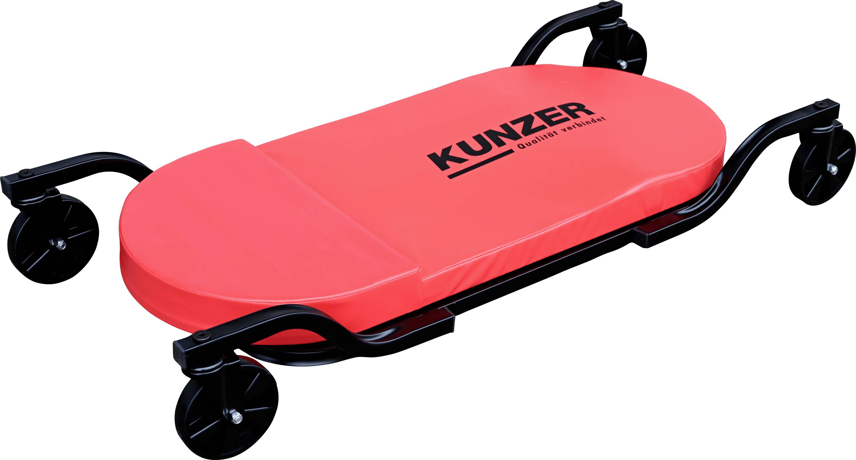 Rode mechanicse kruiplank van het merk 'Kunzer', met zwart frame en vier zwarte draaiwielen voor bewegelijkheid. Geschikt voor werkzaamheden onder voertuigen.