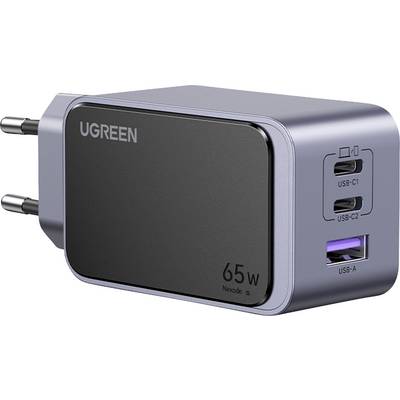 UGREEN 65W wandlader met twee USB-C-poorten en één USB-A-poort, weergegeven met EU-stekkerpennen.