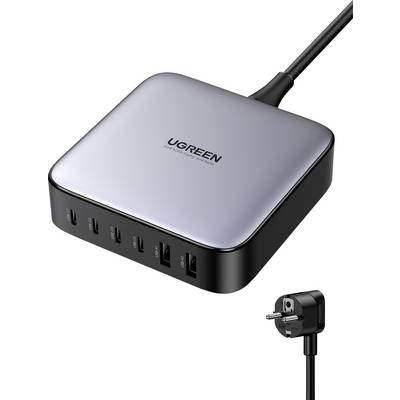 'UGREEN' merklaadstation met meerdere USB-poorten, grijze bovenkant, zwarte zijkanten. Europese stekker afzonderlijk weergegeven in rechterbenedenhoek.