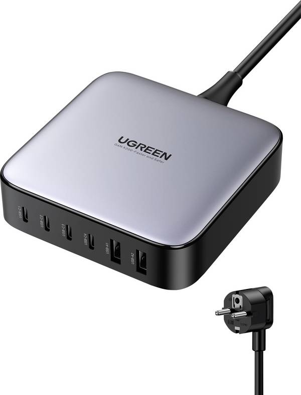 UGREEN 40914 Netvoedingsmodule 200 W USB 2.0 bus A, USB 2.0 bus A, USB-C bus, USB-C bus, USB-C bus, USB-C bus Zwart, Grijs Binnen
