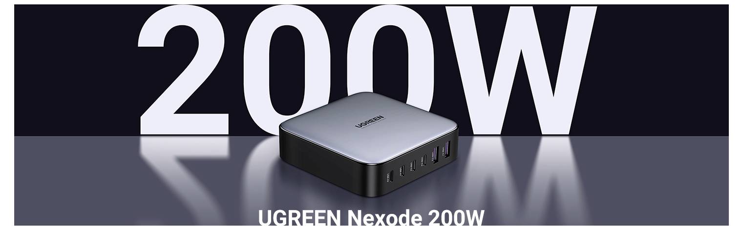 'UGREEN Nexode 200W' stroomadapter tegen een grote '200W' tekstachtergrond, die zijn vermogensuitvoer benadrukt.