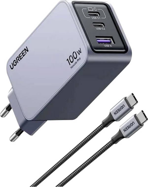 UGREEN Nexode Pro Laadadapter 100 W USB-C bus, USB-C bus, USB-A-bus Zwart, Grijs Binnen GaN