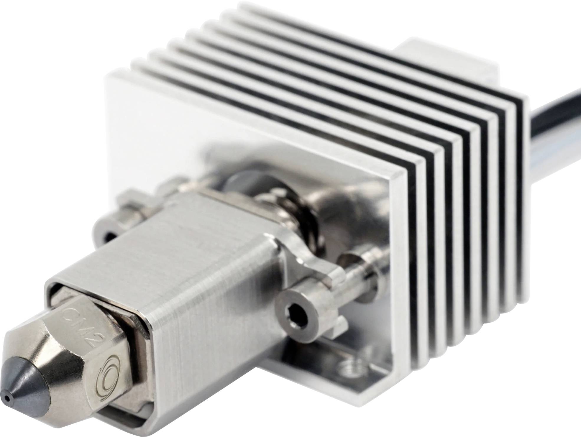 Een close-up van een metalen 3D-printernozzle met een warmteafvoer, waarbij de gedetailleerde technische componenten worden getoond die worden gebruikt in 3D-printechnologie.