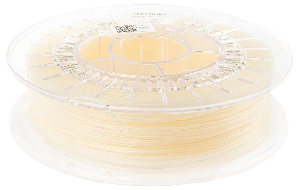 Een spoel doorschijnend 3D-printfilament, netjes opgerold en ondergebracht in een heldere plastic container.
