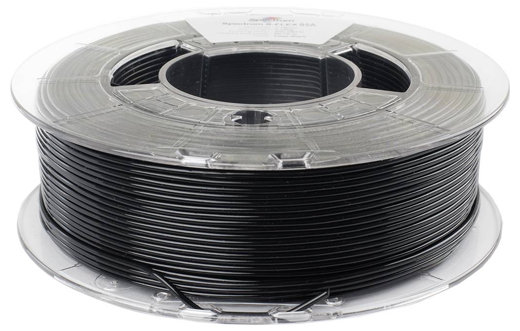 Een spoel met zwart 3D-printfilament, netjes opgerold en gewonden op een transparante plastic spoel.