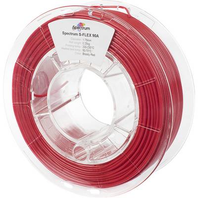 'Red Spectrum S-FLEX 90A' 3D-printerfilament op een transparante spoel, met etiket met specificaties zoals diameter en aanbevolen temperatuurbereik.