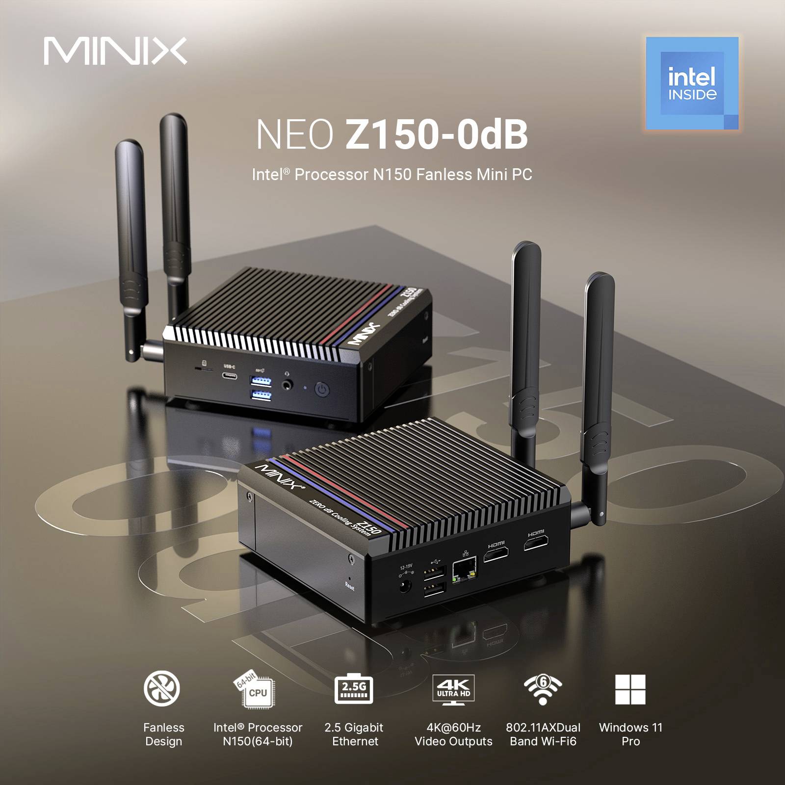 'MINIX NEO Z150-0dB Intel Processor N150 Fanless Mini PC' met dubbele antennes, 2,5G ethernet, dubbele 4K video-uitgangen, Wi-Fi 6, Windows 11.