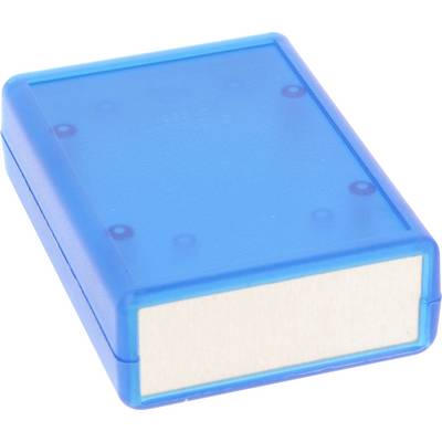 Een blauw plastic rechthoekig voorwerp met een witte basis, waarschijnlijk een kleine opbergcontainer of elektronische behuizing.