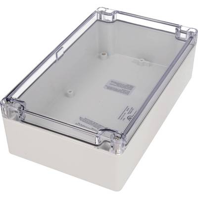 Een rechthoekige witte plastic doos met een transparant deksel, waarbij schroeven op elke hoek zichtbaar zijn voor het bevestigen van de afdekking.