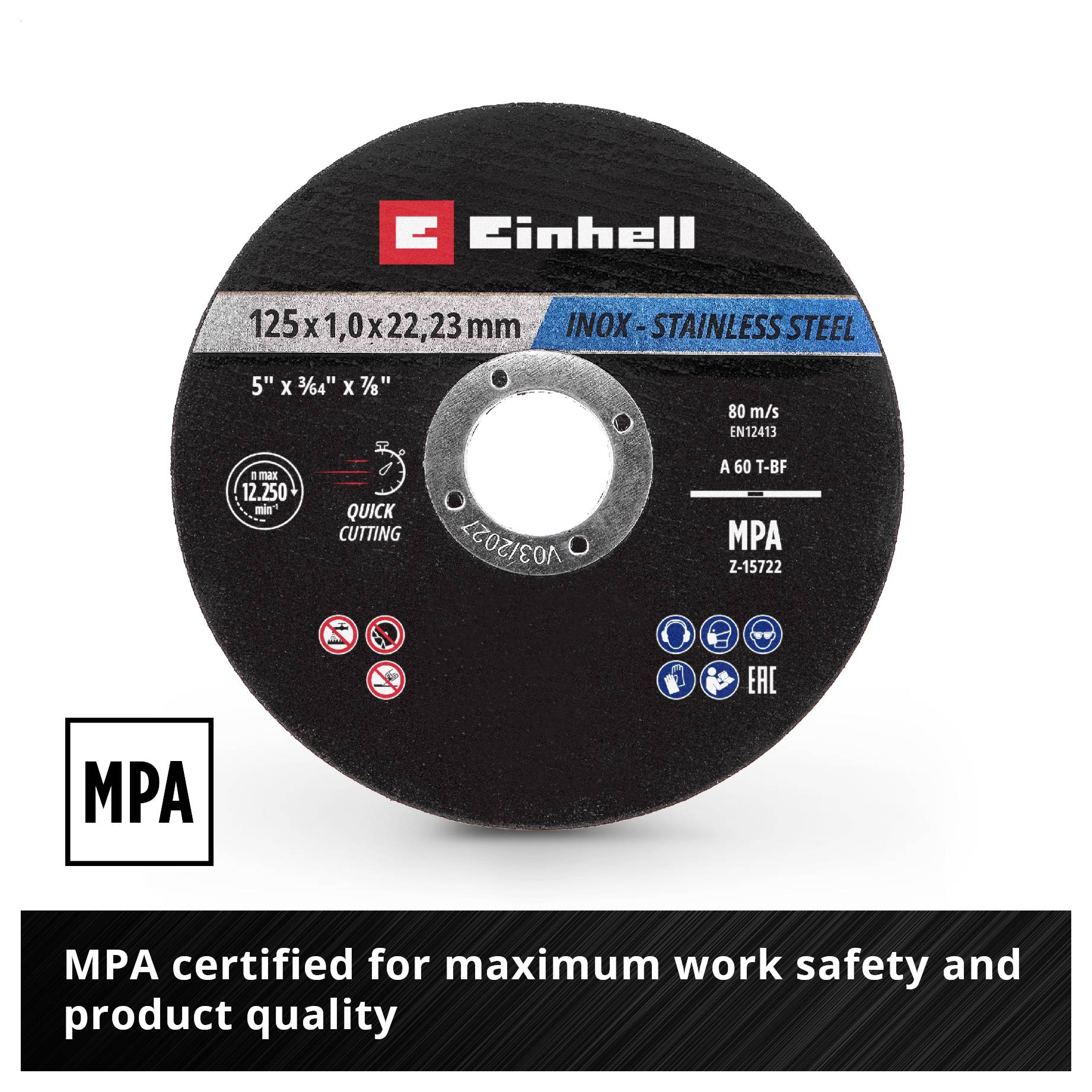 Een snijschijf met de opschrift '125 x 1,0 x 22,23 mm INOX-ROESTVRIJSTAAL', geschikt voor roestvrijstaal, MPA-gecertificeerd.