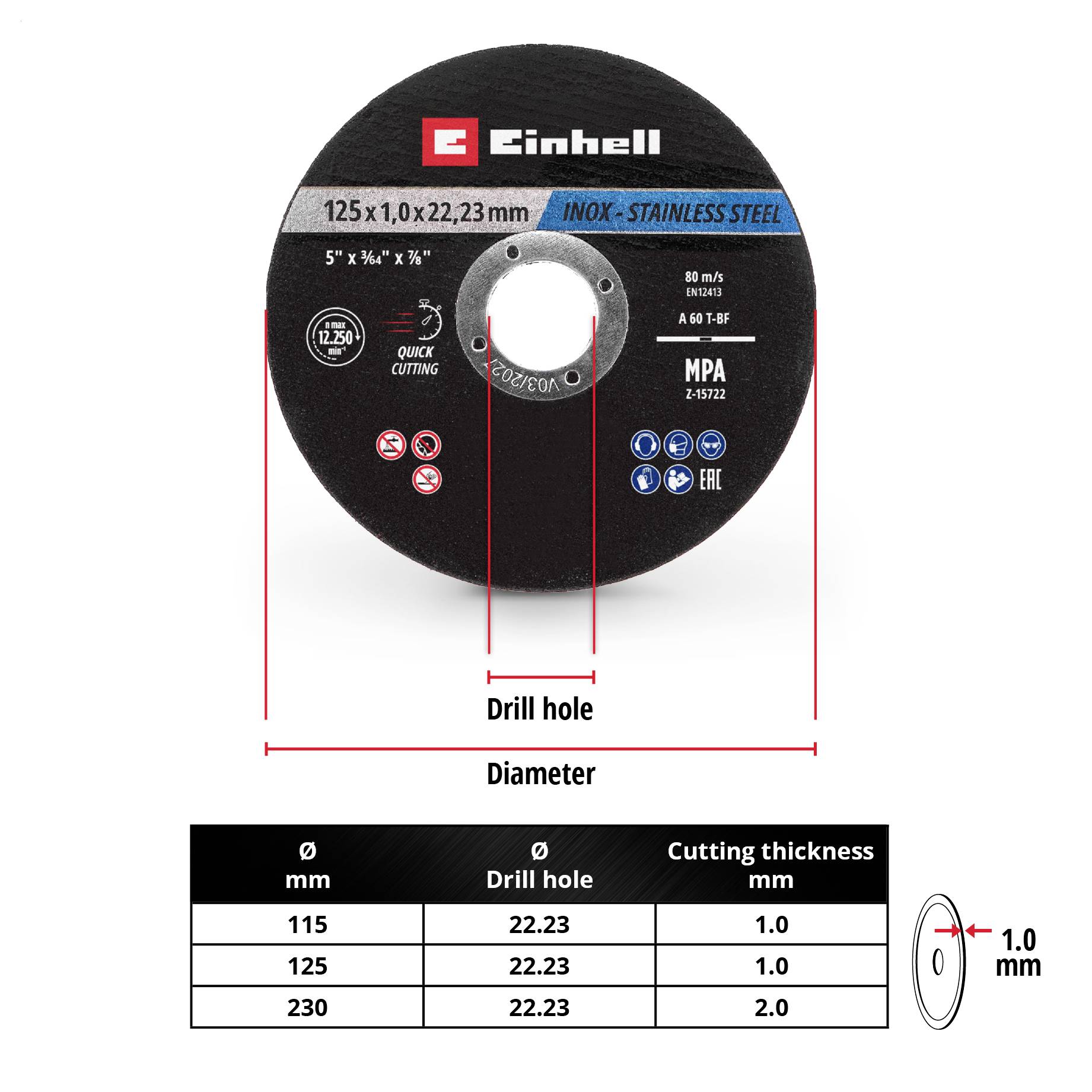 'Einhell slijpschijf, 125 x 1,0 x 22,23 mm, INOX-Roestvrijstaal, geschikt voor Ø22 mm boring, snijdikte 1,0 mm.'