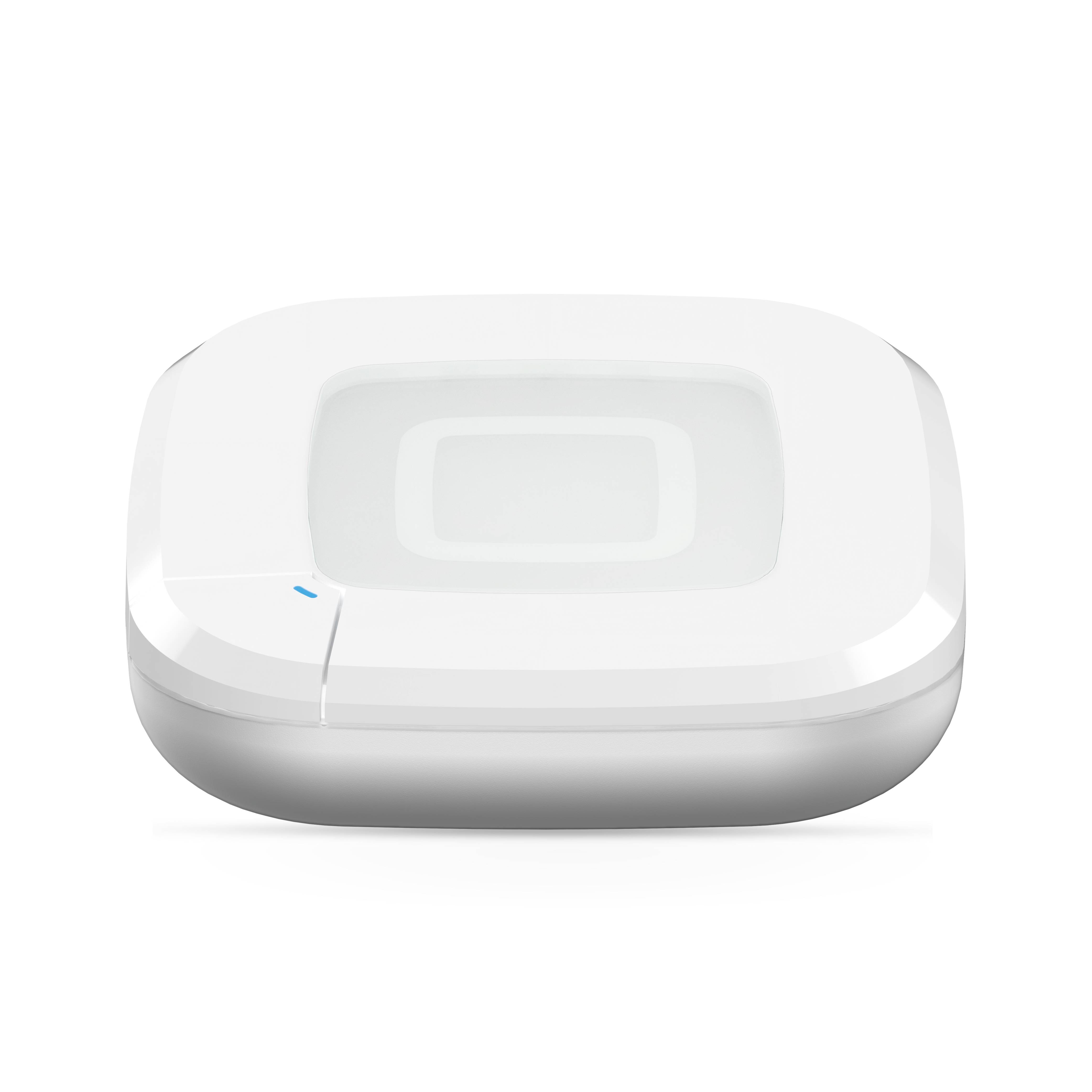Een witte vierkante draadloze toegangspunt met een modern design, voorzien van een kleine blauwe LED-indicator op een gladde oppervlakte.