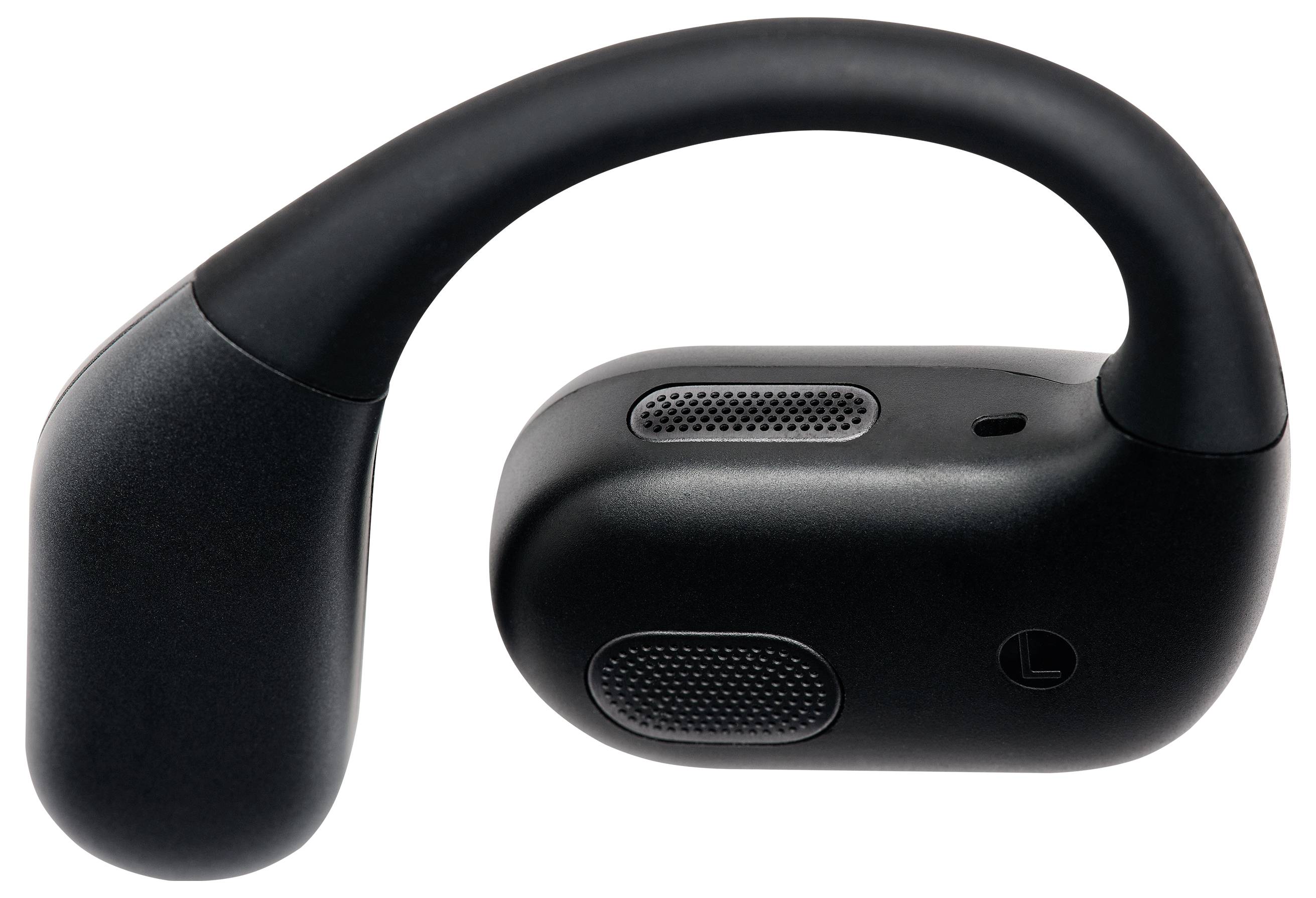 Een zwarte, draadloze oortelefoon met een over-ear haak en ingebouwde speakerroosters, ontworpen voor een veilige en comfortabele pasvorm tijdens actief gebruik.