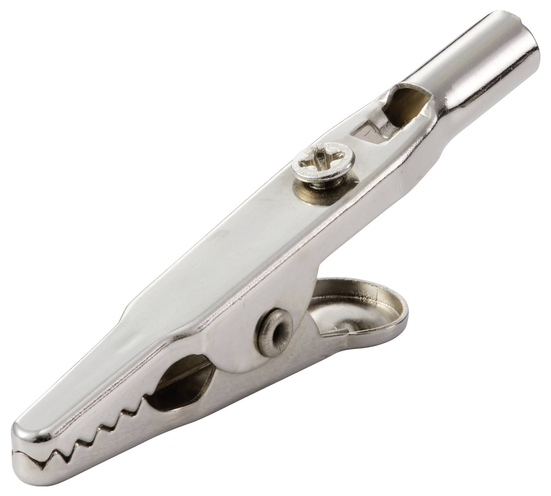 Een metalen krokodillenklem met getande bek gebruikt voor elektrische aansluitingen of als klem in verschillende toepassingen.