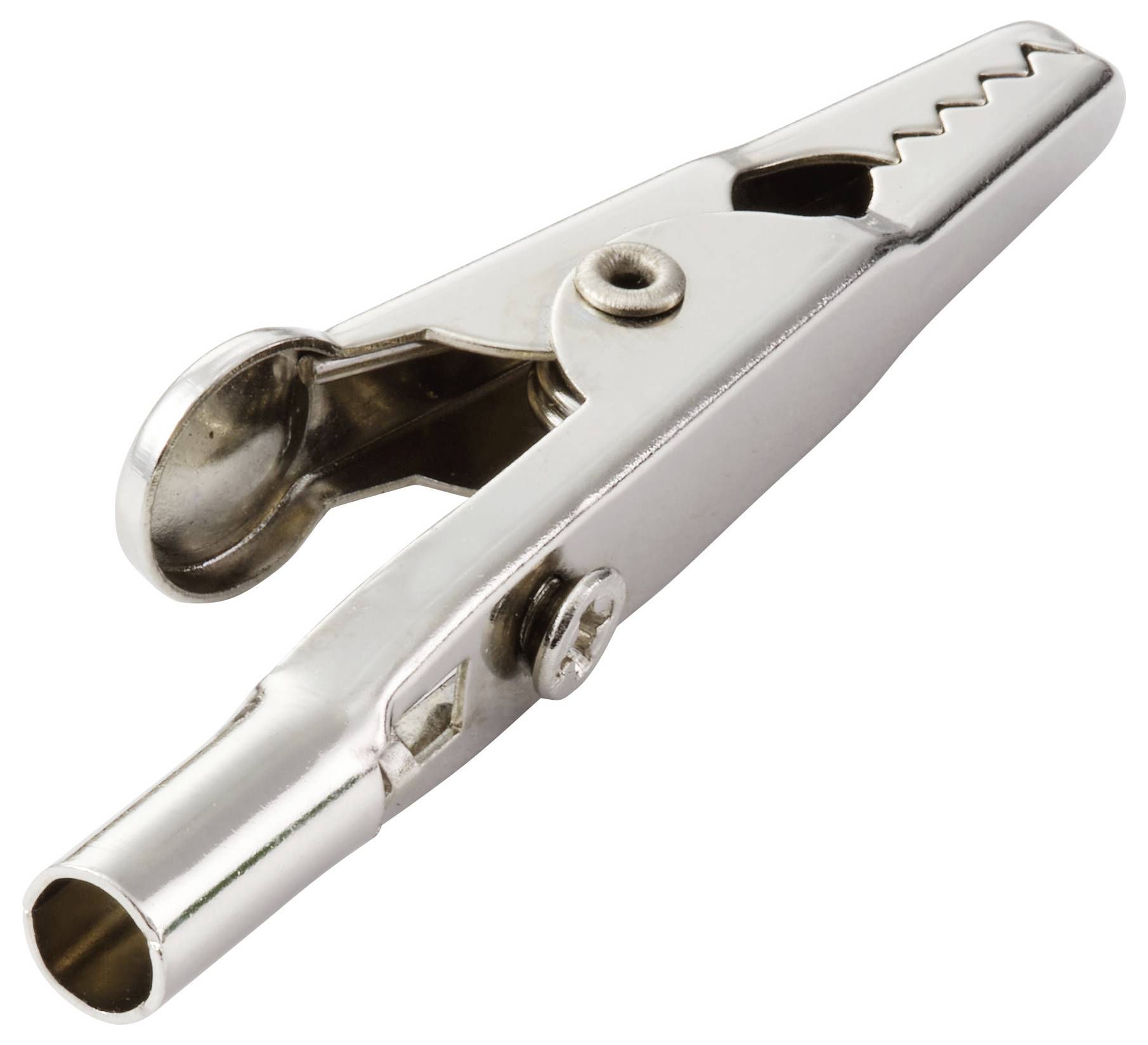 Een metalen krokodillenklem met getande bekken, veelal gebruikt voor elektrische verbindingen en meetkabels.