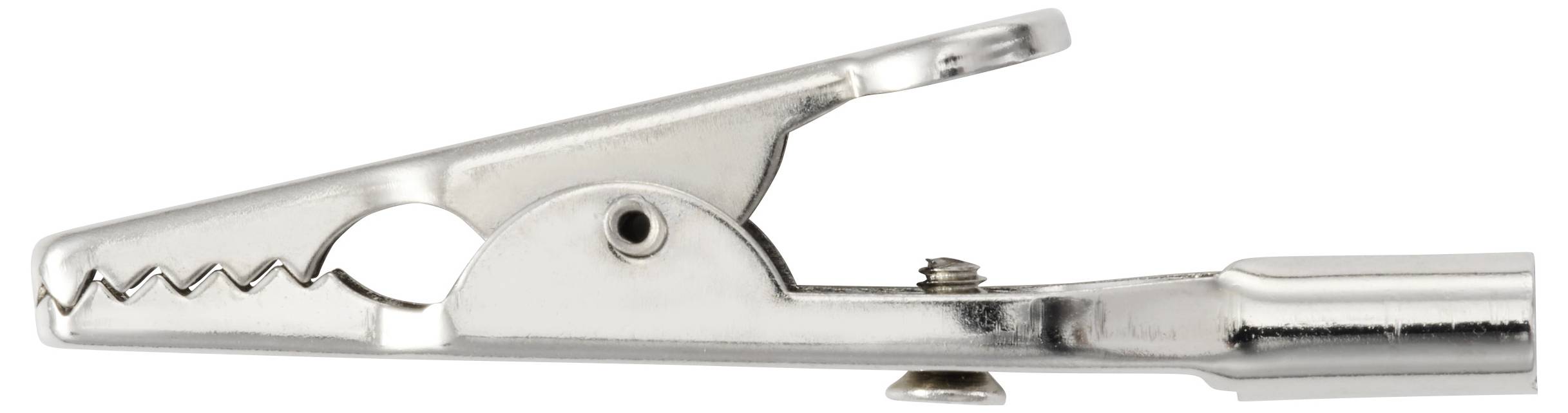 Metalen alligatorclip met getande kaken en een platte punt, gebruikt voor het vastgrijpen van voorwerpen of het maken van elektrische verbindingen.