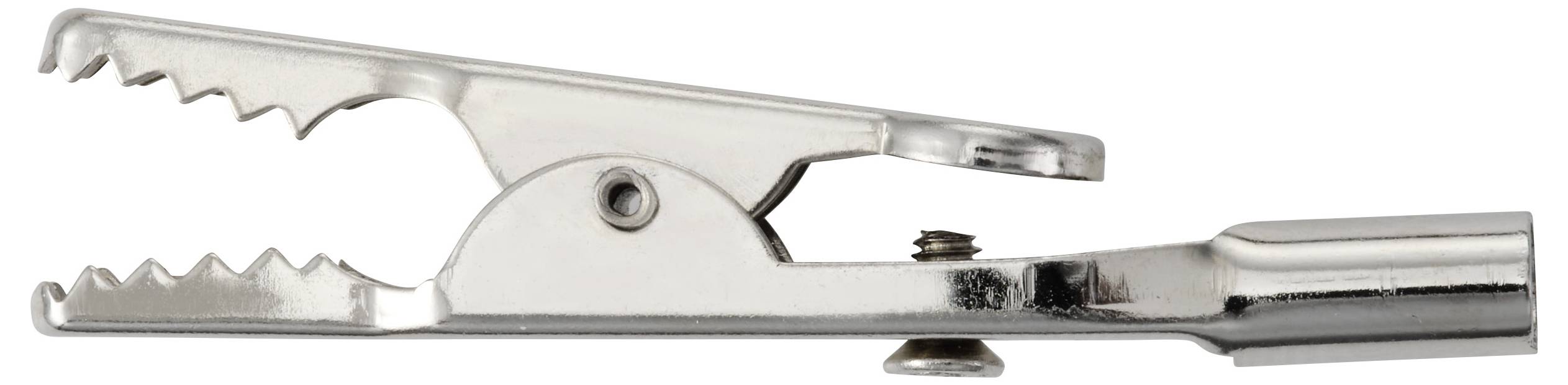 Een metalen krokodillenklem met getande randen en een veermechanisme, gebruikt voor het vastgrijpen en verbinden met andere objecten bij elektrische werkzaamheden.